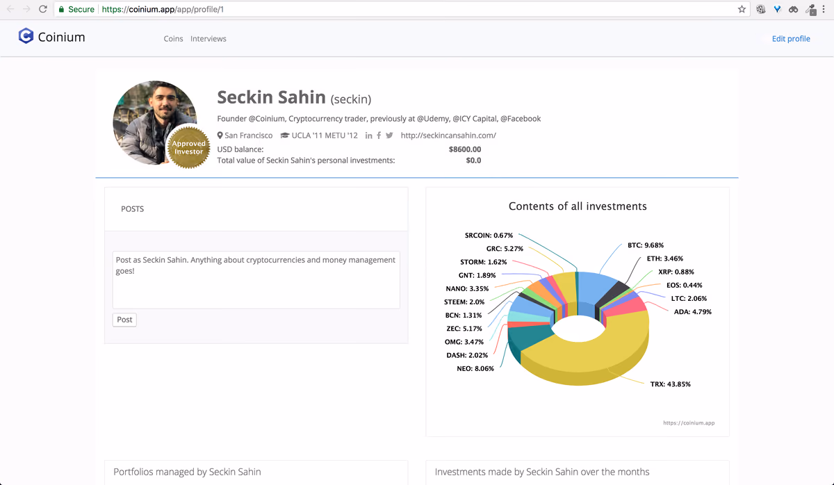 Coinium profil sayfası: biyografi, Approved Investor rozeti, gönderi kutusu ve tüm yatırımların pasta grafiği.