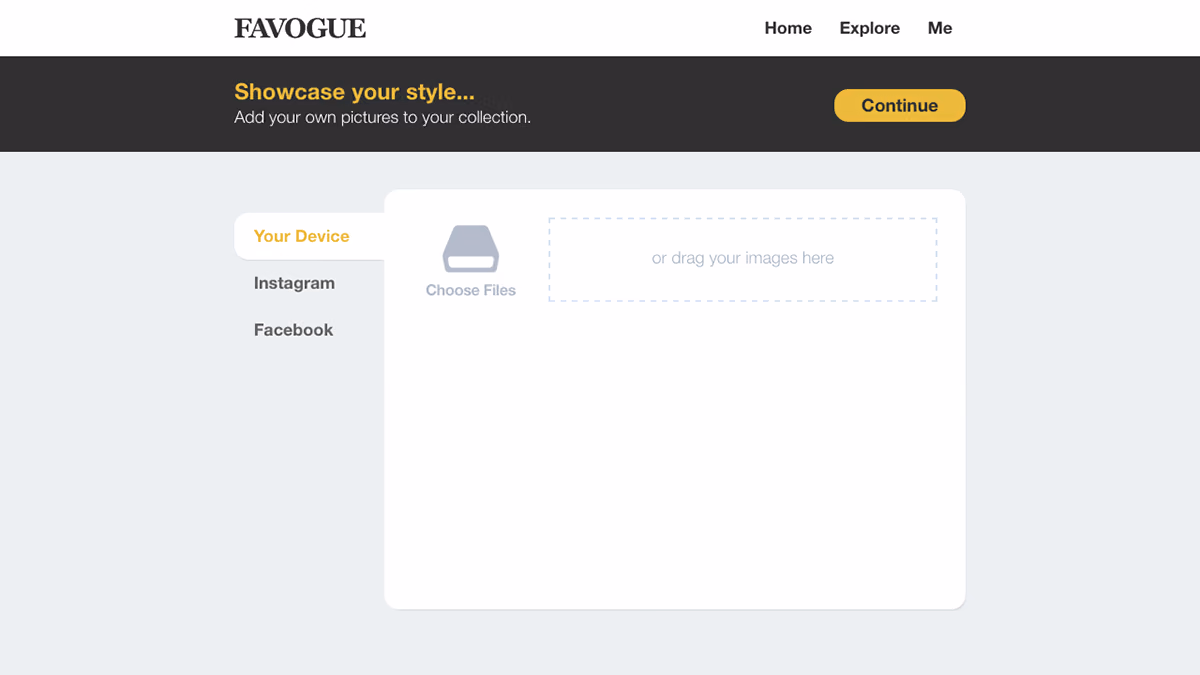 Favogue yükleme ekranı: Your Device, Instagram ve Facebook kaynakları