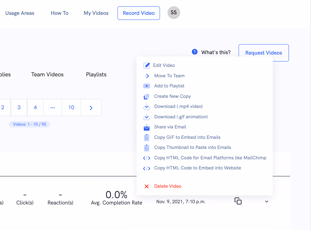 Bir videonun paylaşım menüsü: mp4 ya da gif indirme, e-postayla paylaşma, gömülü GIF kopyalama, MailChimp için HTML kopyalama