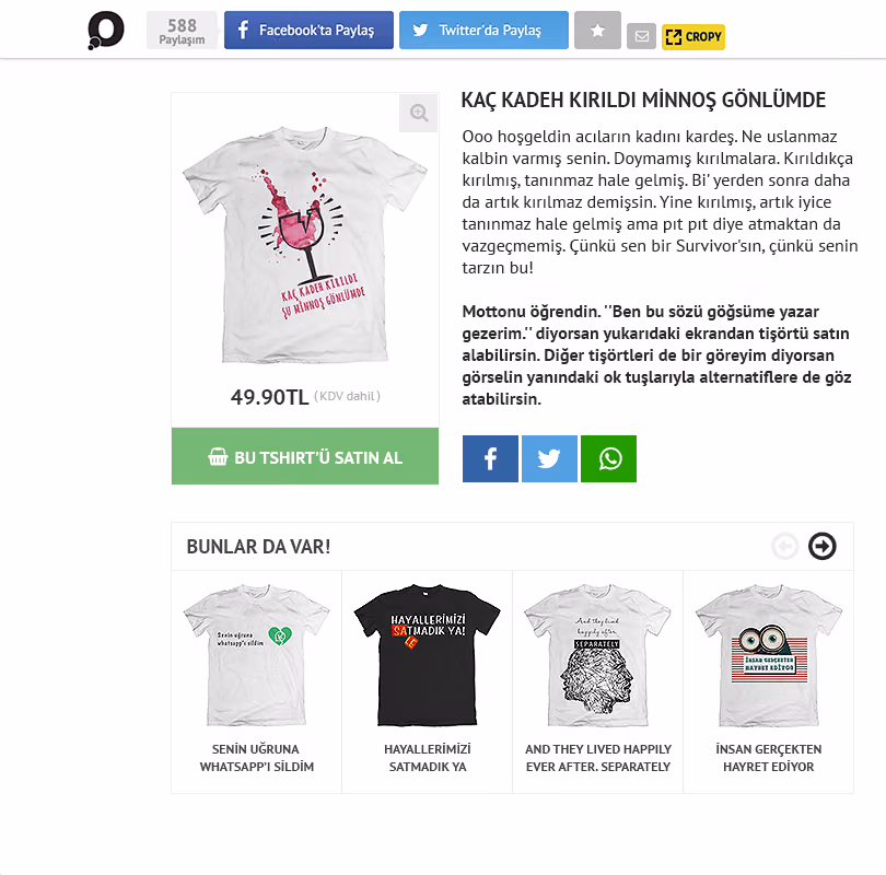 Onedio Store ürün sayfası: tişört görseli, başlık, ürün metni, fiyat, satın alma düğmesi ve paylaşım düğmeleri