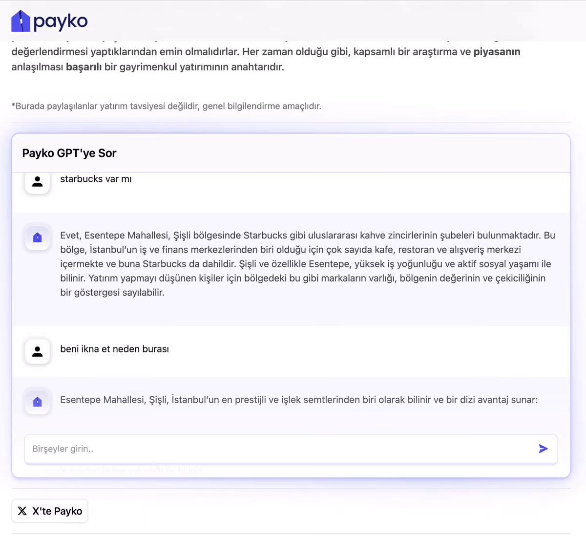 Mahalle sayfasının altına gömülü “Payko GPT'ye Sor” kutusu; iki soru ve iki cevap görünüyor