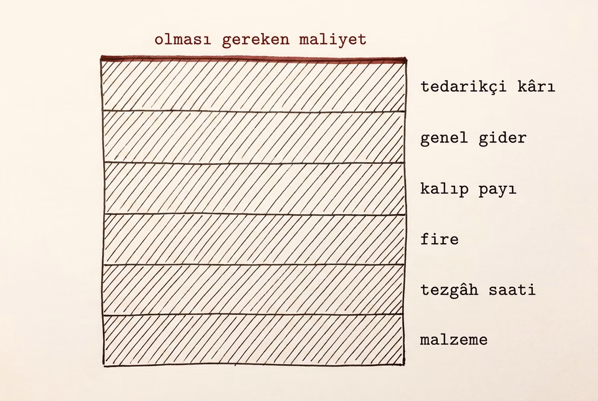 Alt alta yığılmış birbirine eşit altı dikdörtgen blok; her birinin adı sağında yazılı, yığının tepesinde kızıl bir toplam çizgisi duruyor.