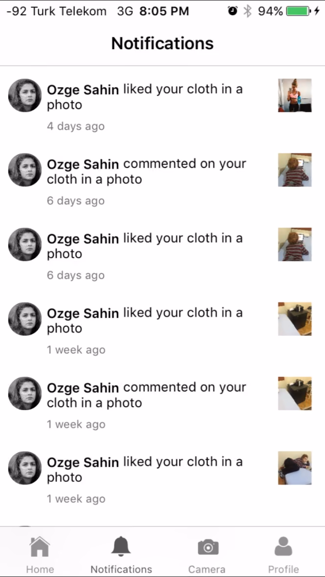 Standout bildirim ekranı: “liked your cloth in a photo” ve “commented on your cloth in a photo” satırları.