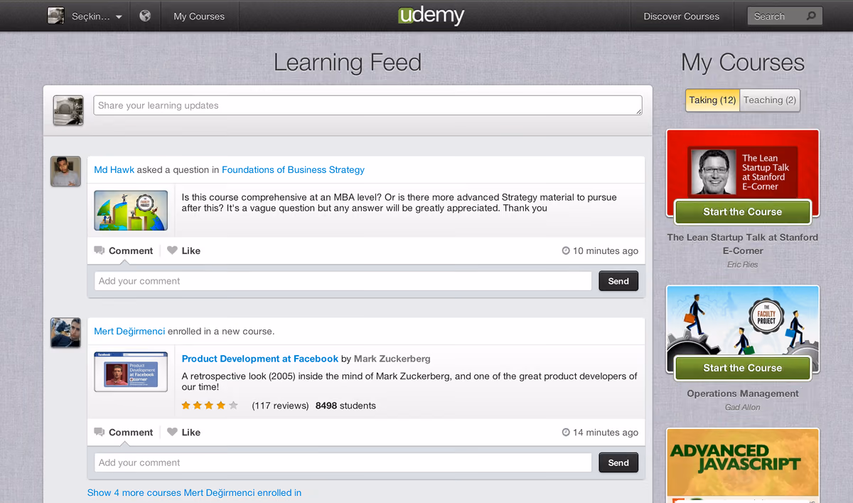 Udemy'nin eski arayüzünde kurs akışı