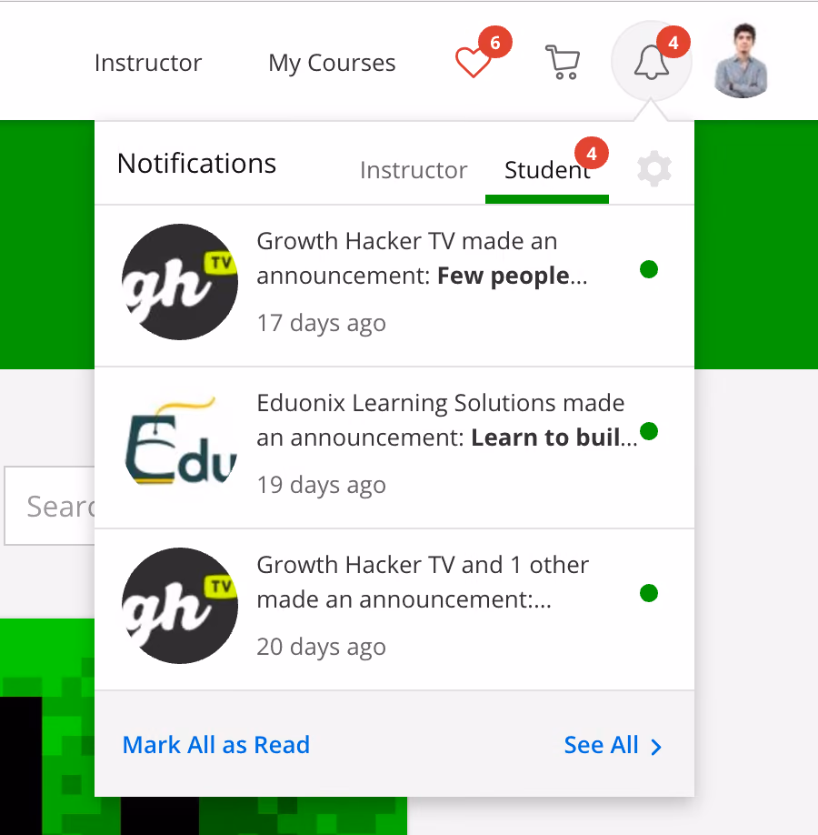 Udemy bildirim menüsü, Instructor ve Student sekmeleriyle
